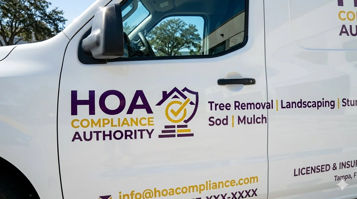 HOA Compliance Authority service van door showing services: tree removal, landscaping, sod, mulch