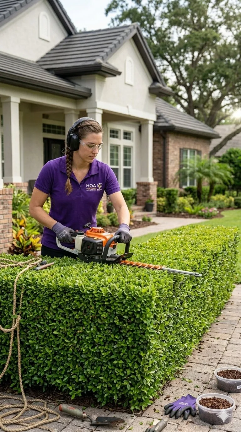 Crew member trimming hedges with precision power tool