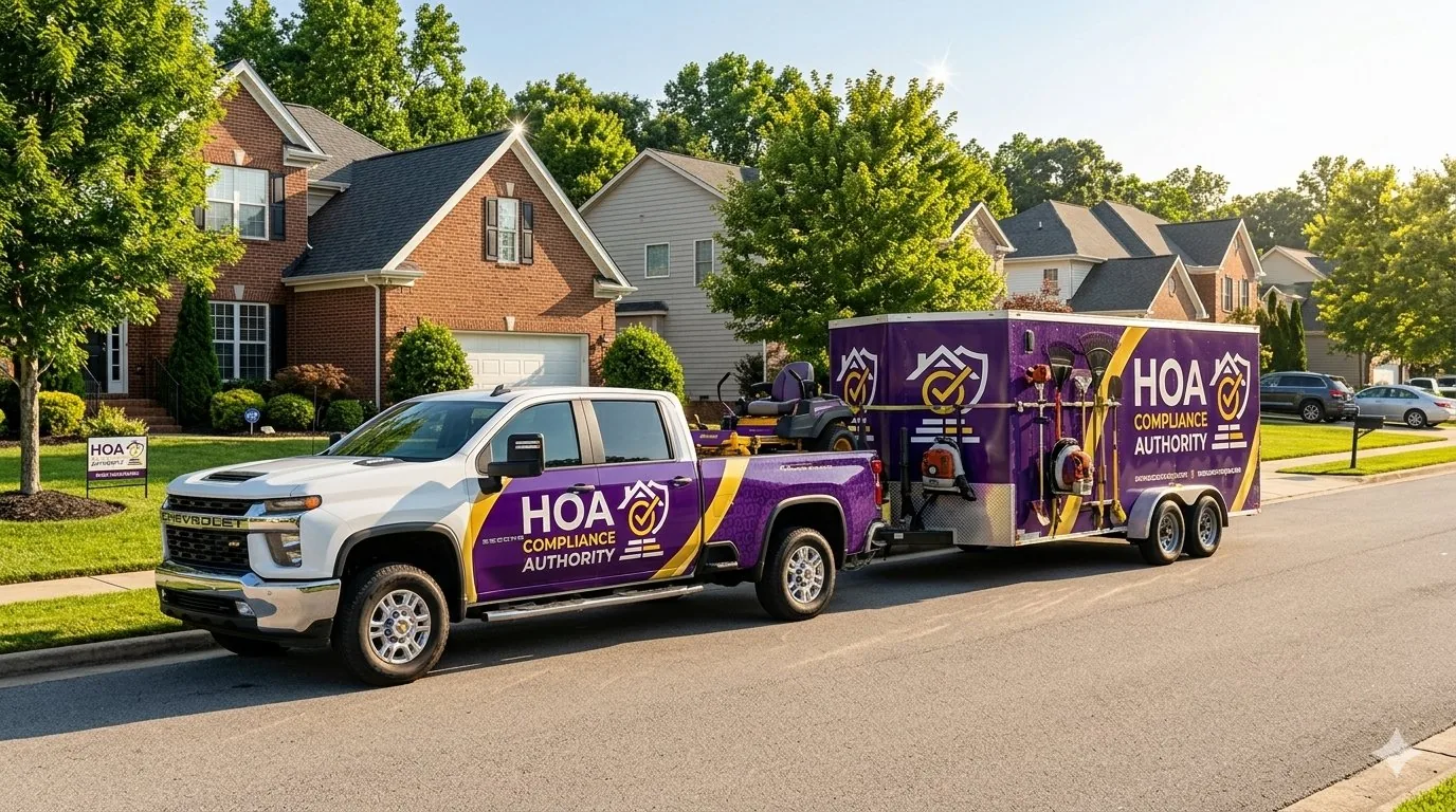 HOA Compliance Authority branded truck and trailer parked in front of a Tampa Bay home
