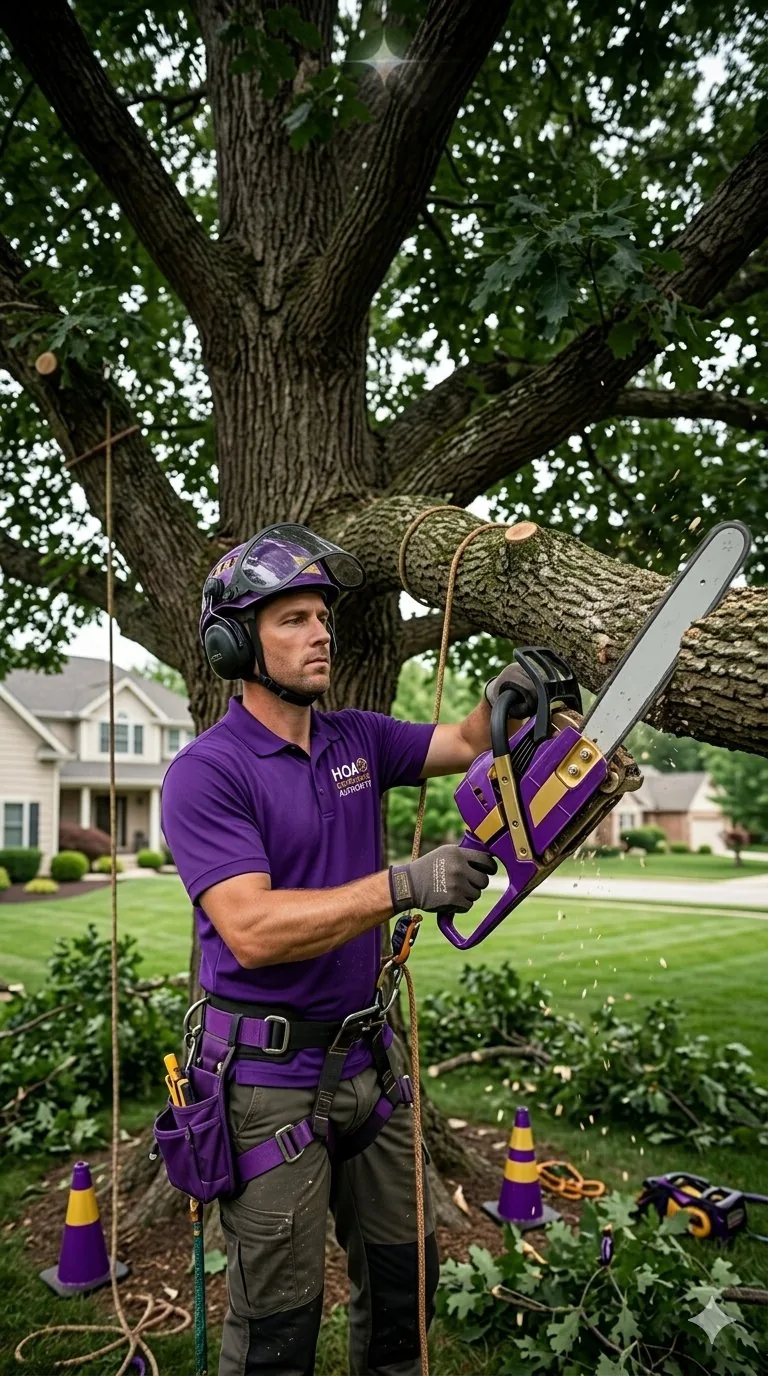 HOA Compliance Authority arborist trimming a large oak tree with chainsaw